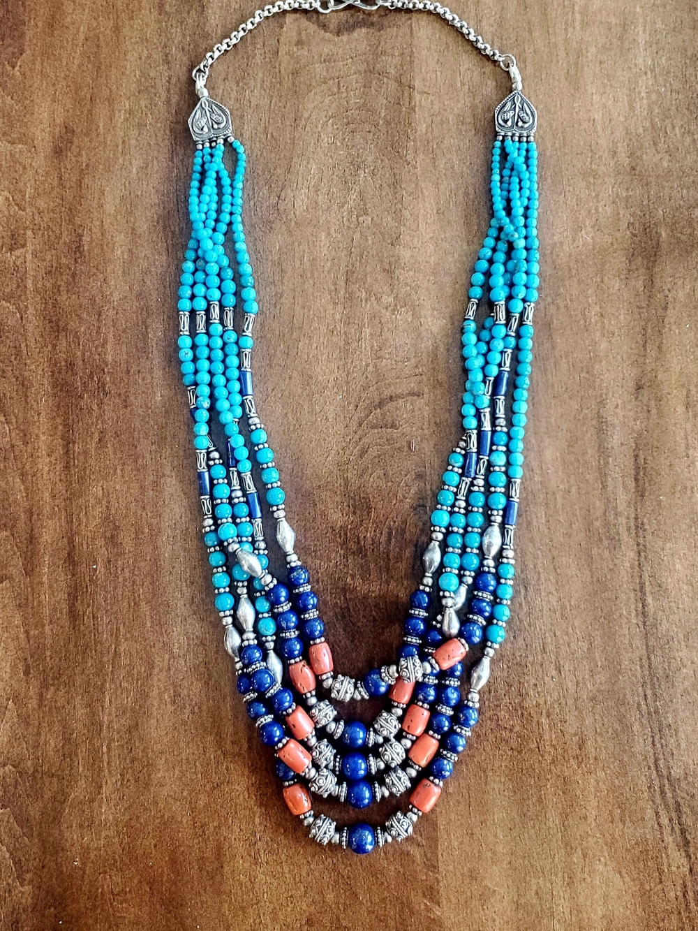 Five Strand Sterling Turquoise & Lapis Beaded Statement Necklace